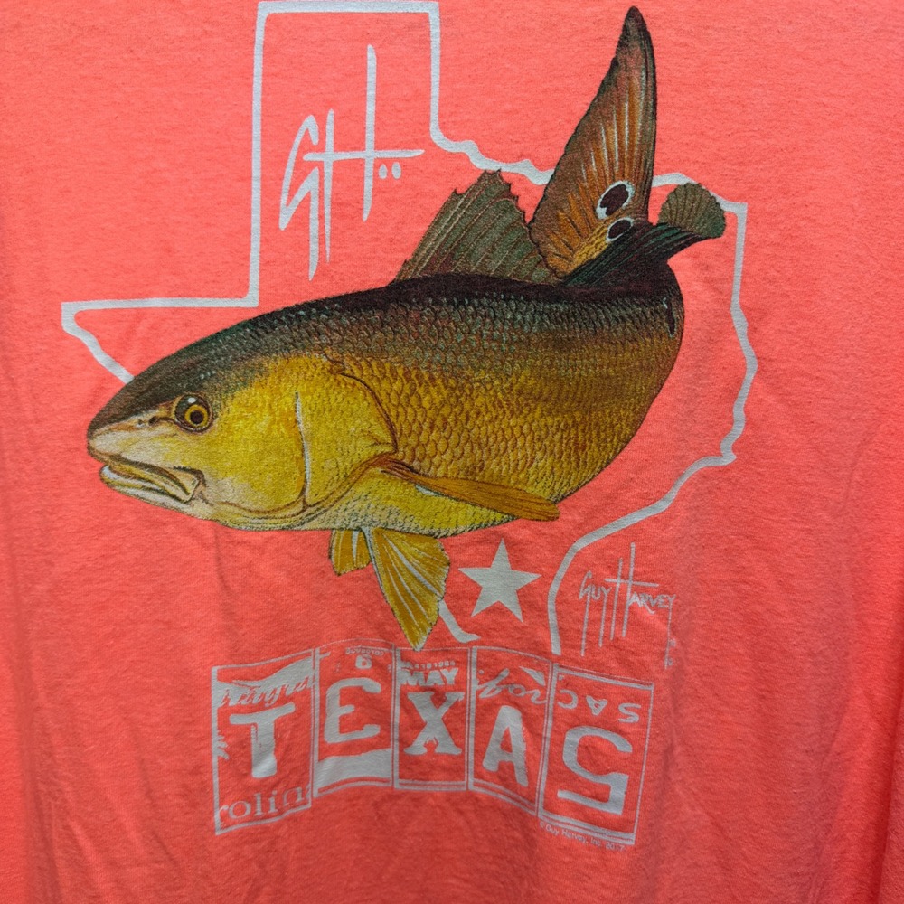 Guy Harvey Texas Redfish Graphic T-Shirt Mens 2XL Neon Coral Salmon Fishing Tee